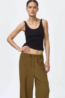 Pantalon large avec taille élastique - Vert kaki foncé — photo 2