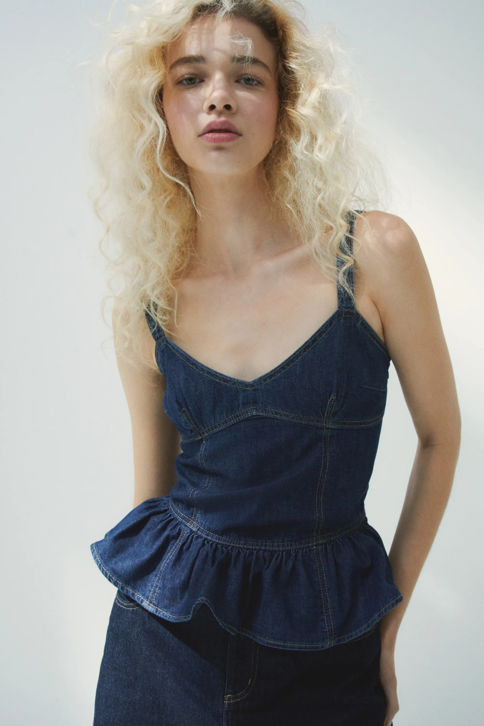Top péplum en denim - Bleu denim foncé