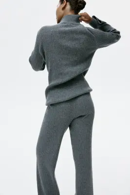 Pantalon large en maille côtelée - Gris chiné — photo 4