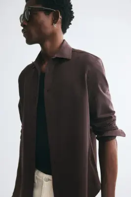 Chemise Four-Way Stretch Slim Fit - Marron foncé — photo 4