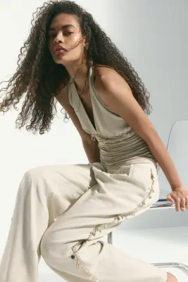 Pantalon ornementé en lin mélangé - Beige clair — photo 4