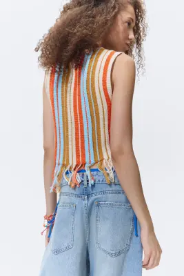 Top en maille avec franges - Orange/rayé — photo 2