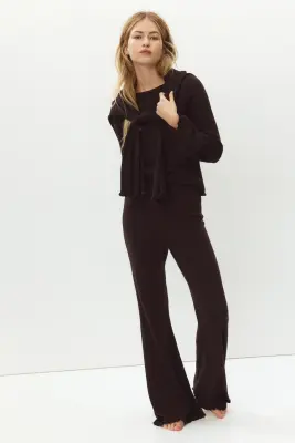Pantalon évasé en maille côtelée de lin mélangé - Marron foncé — photo 1