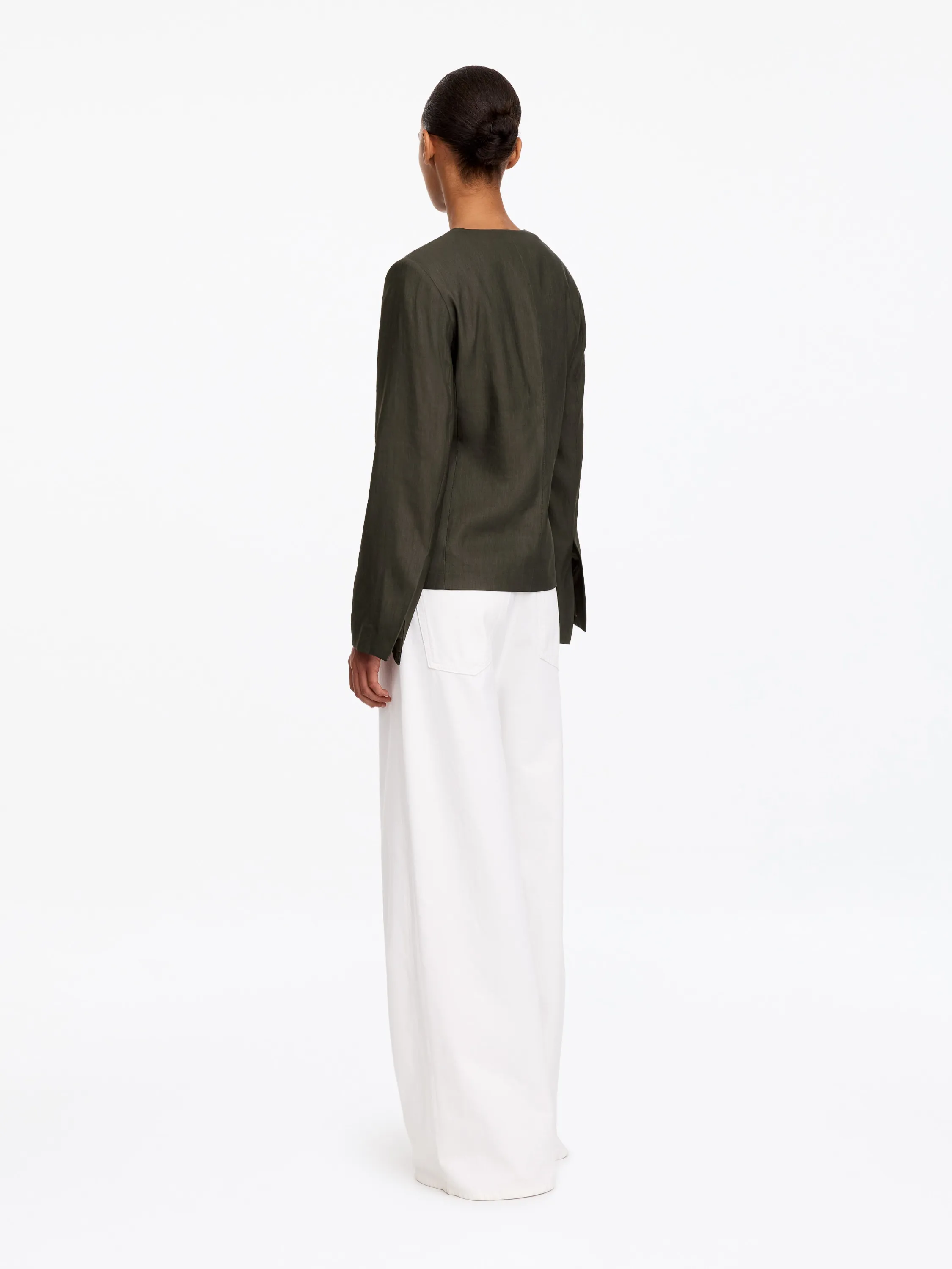 Blazer sans col en lin mélangé - Vert foncé