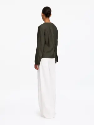 Blazer sans col en lin mélangé - Vert foncé — photo 1