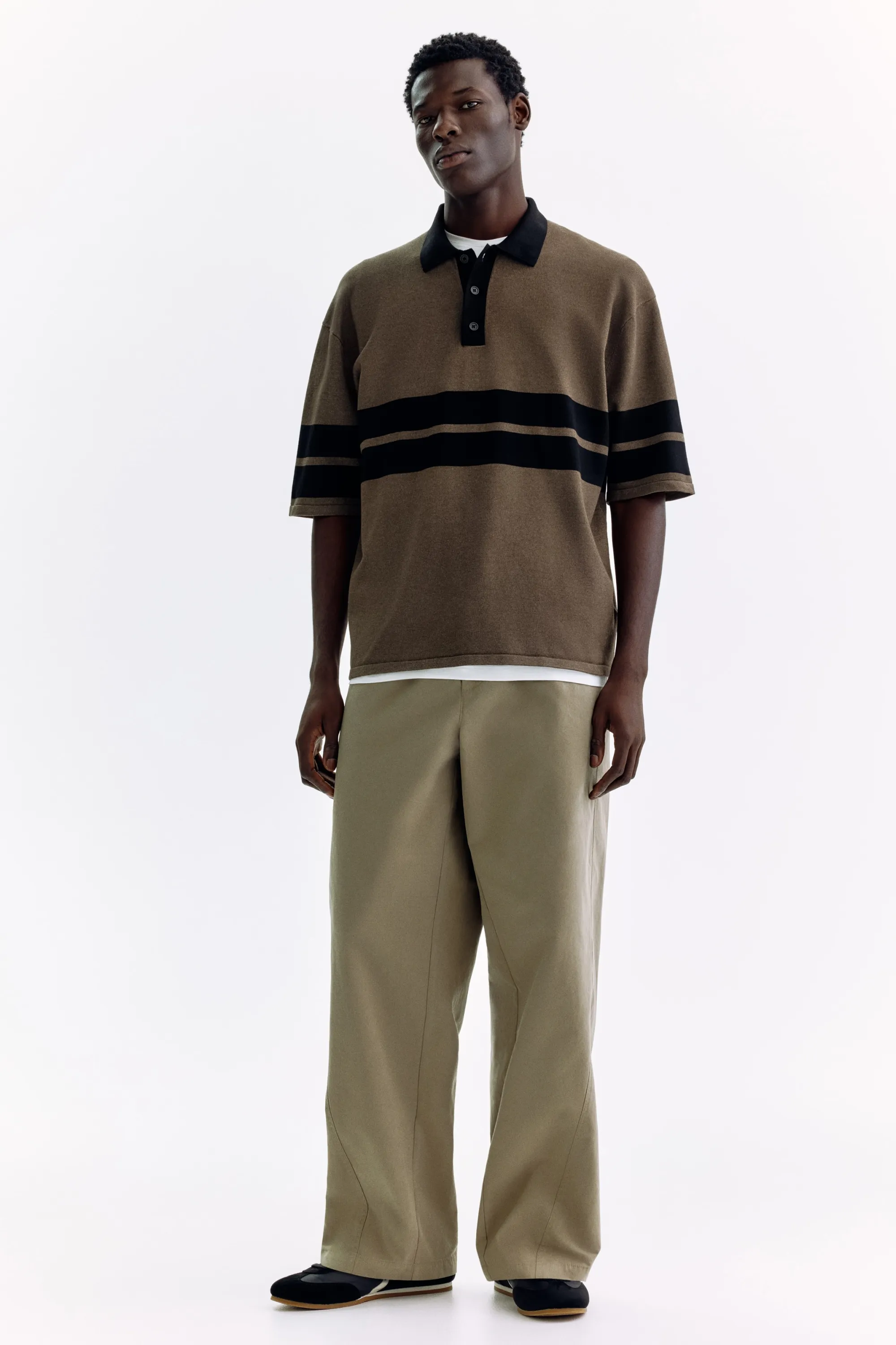 Polo Loose Fit en maille - Taupe foncé/noir
