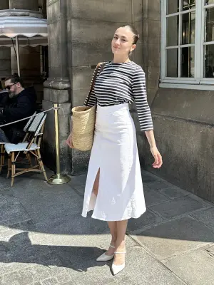 Jupe taille haute trapèze longueur midi en jean blanc Prix boutique 200€ Taille 34 — photo 3