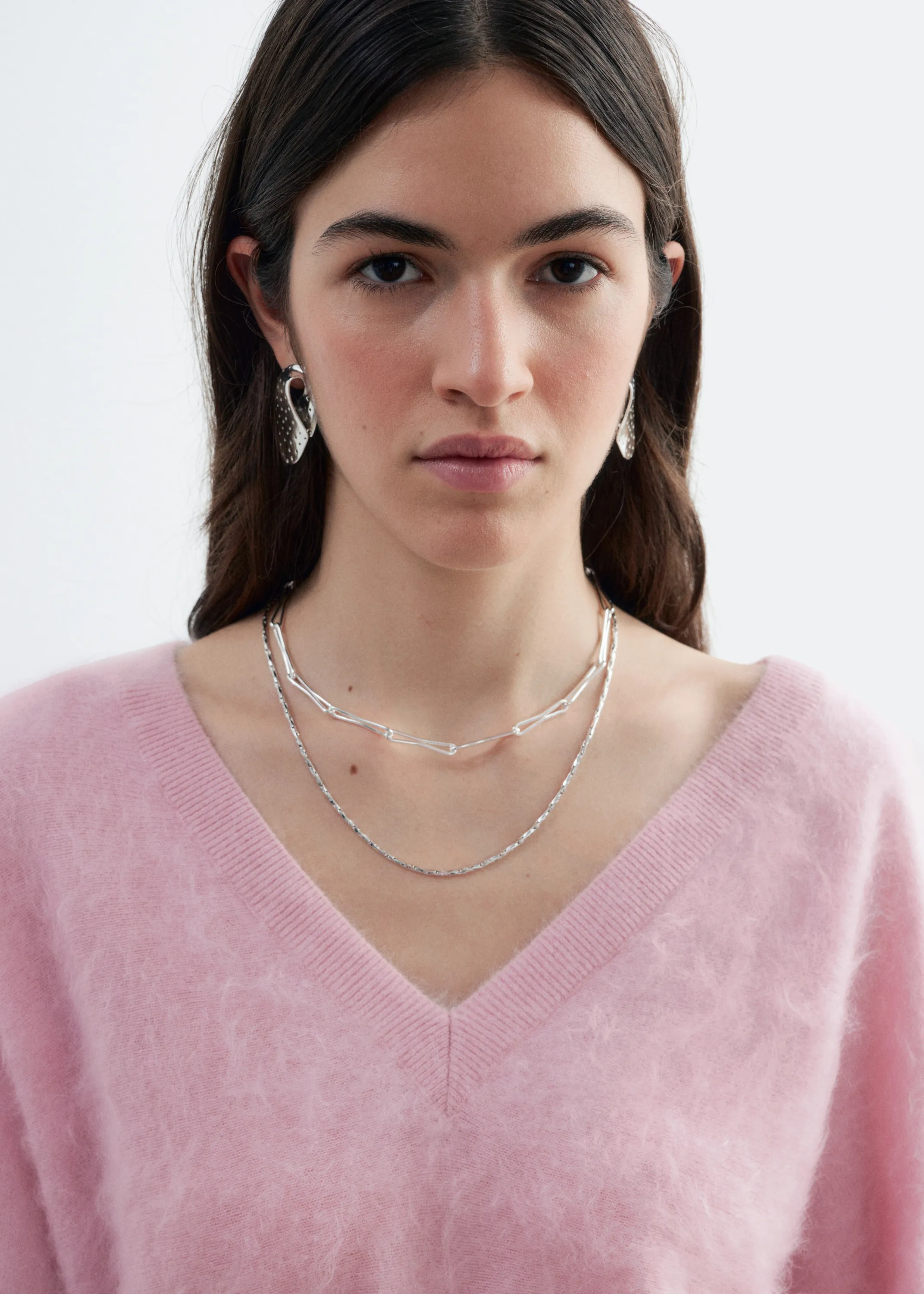 Pull à col en V côtelé en cachemire brossé - Rose