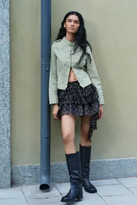 Jupe à étages avec panneau drapé - Noir/pois — photo 1