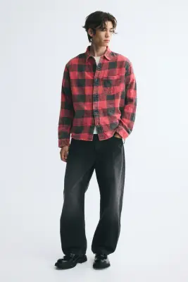 Chemise Relaxed Fit en coton - Rouge/carreaux — photo 3