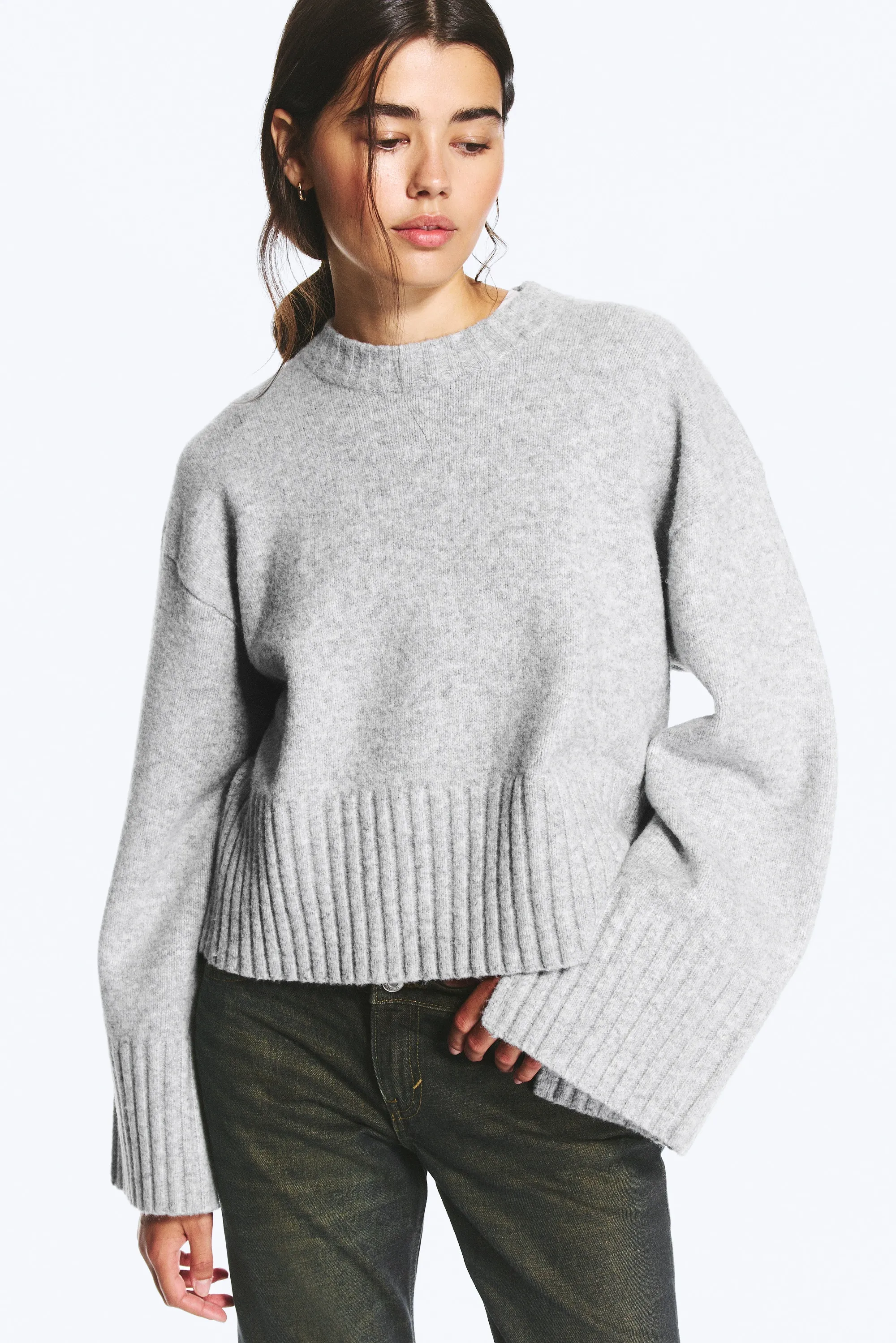 Pull oversize en maille - Gris chiné