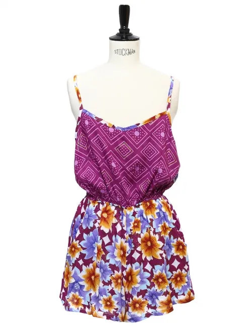 Combi-short dos nu à fines bretelles imprimé bordeaux violet et jaune Taille 36