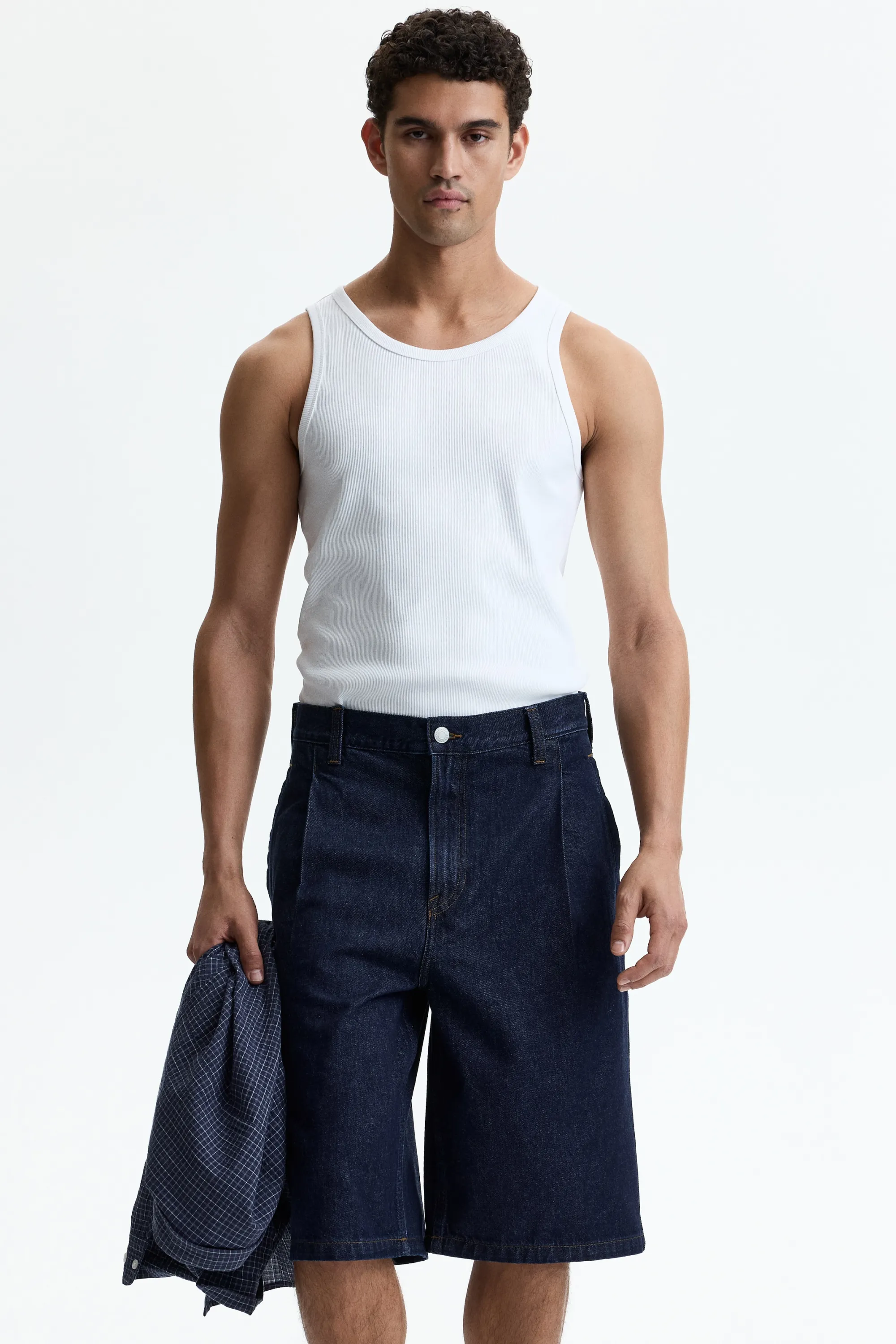 Short baggy à pinces en denim - Bleu denim foncé