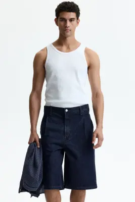 Short baggy à pinces en denim - Bleu denim foncé — photo 1