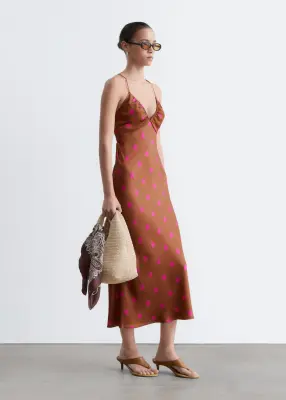 Robe combinaison midi en satin - Brun foncé/À pois — photo 3