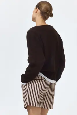 Short chic en lin mélangé - Marron foncé/rayé — photo 2