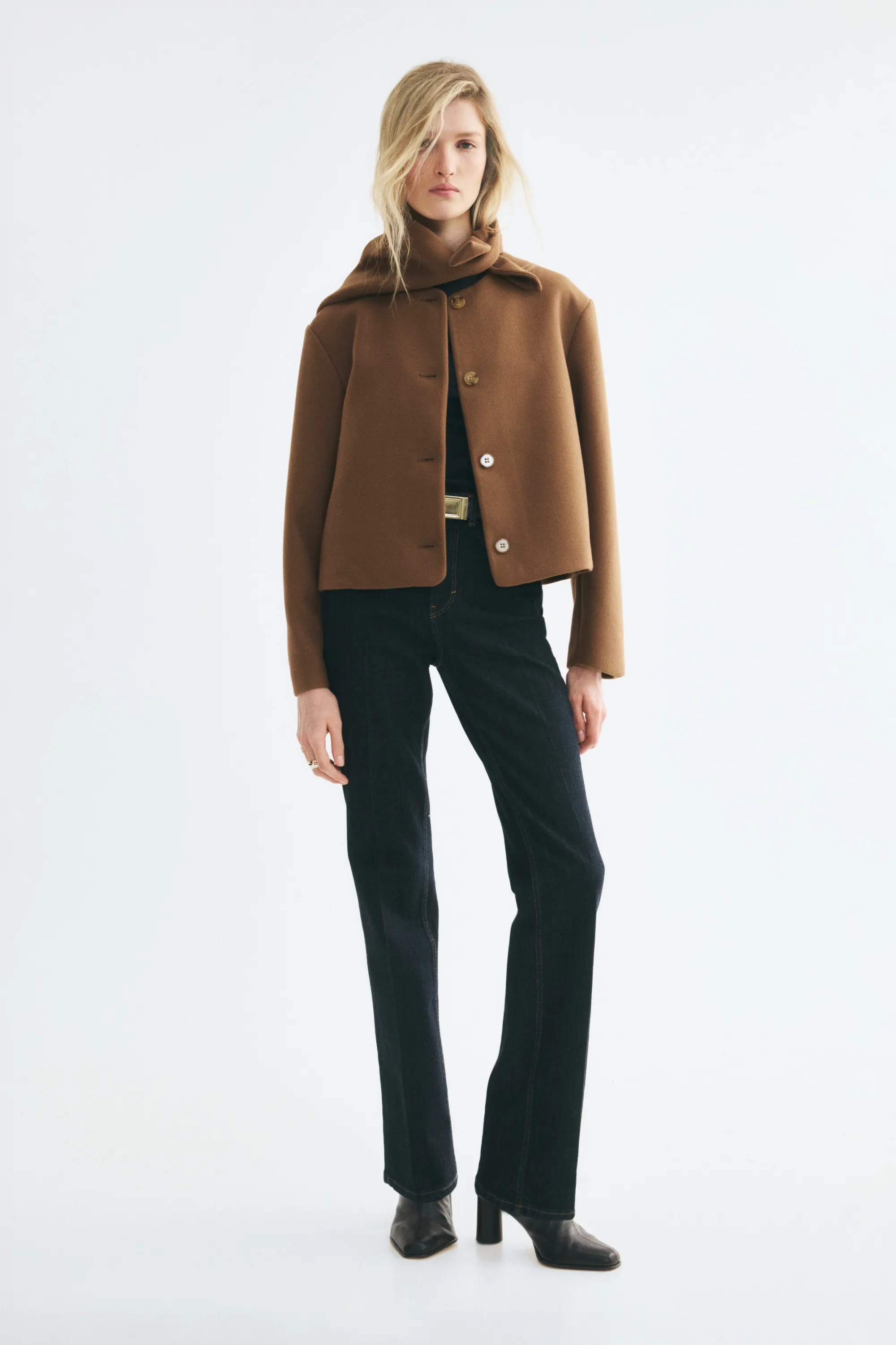 Scarf-collar twill jacket - Marron