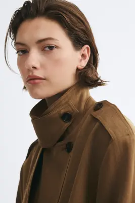 Manteau cape en lin mélangé - Vert olive foncé — photo 3