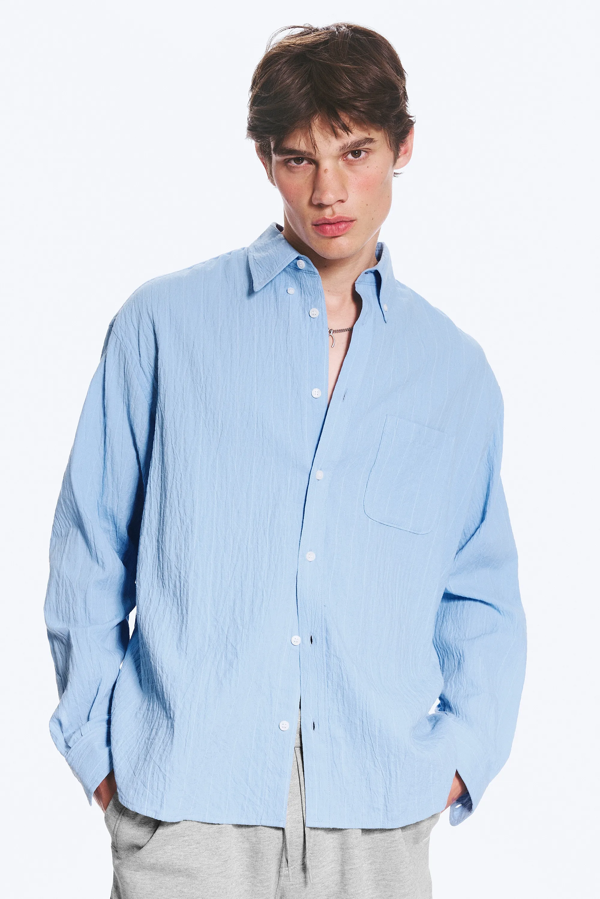 Chemise structurée ample boutonnée - Bleu clair rayé