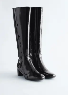 Bottes hauteur genou à talons en cuir - Verni noir — photo 1