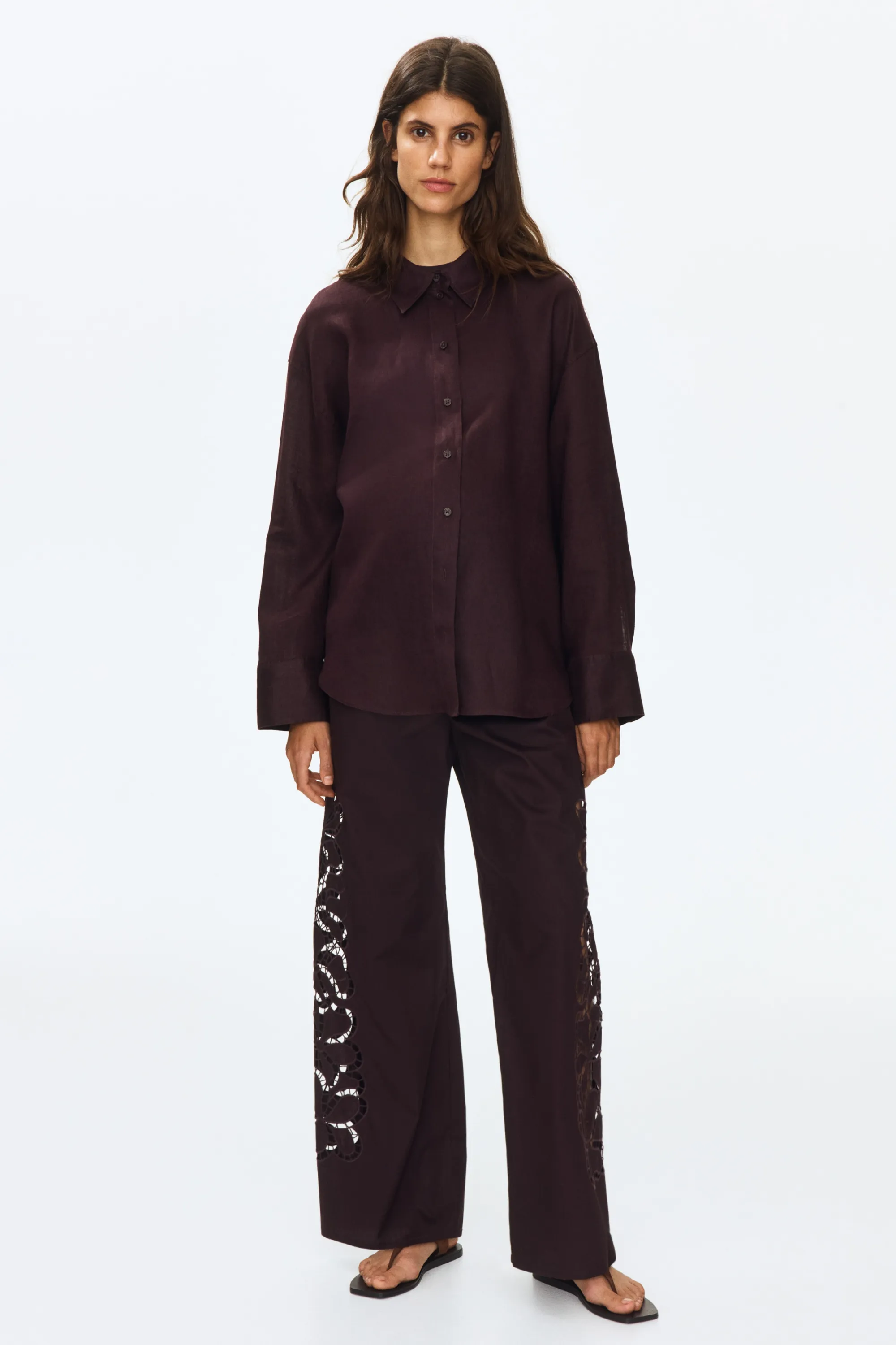 MAMA Pantalon avec broderie anglaise - Marron foncé