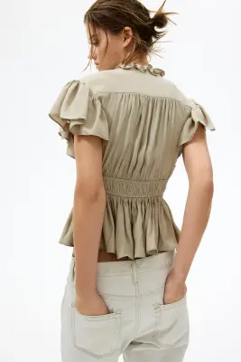 Blouse à manches volantées avec basque - Vert ancien clair — photo 1