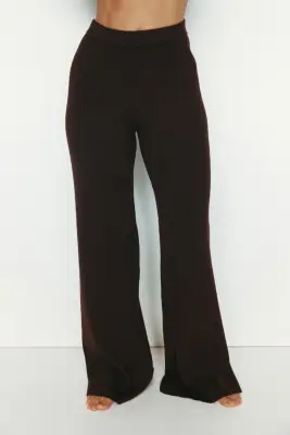 Pantalon large en maille côtelée - Marron foncé — photo 1
