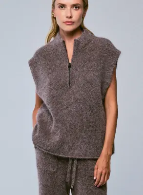 Pull Marron Col Montant Sans Manches en Alpaga / Polyamide / Elasthanne — photo 2