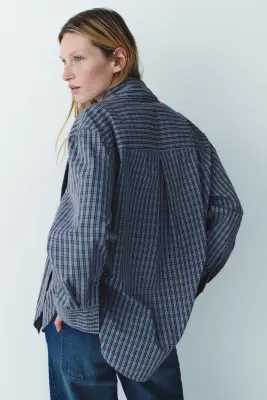 Chemise en popeline de coton à col à nouer - Bleu clair/carreaux — photo 4