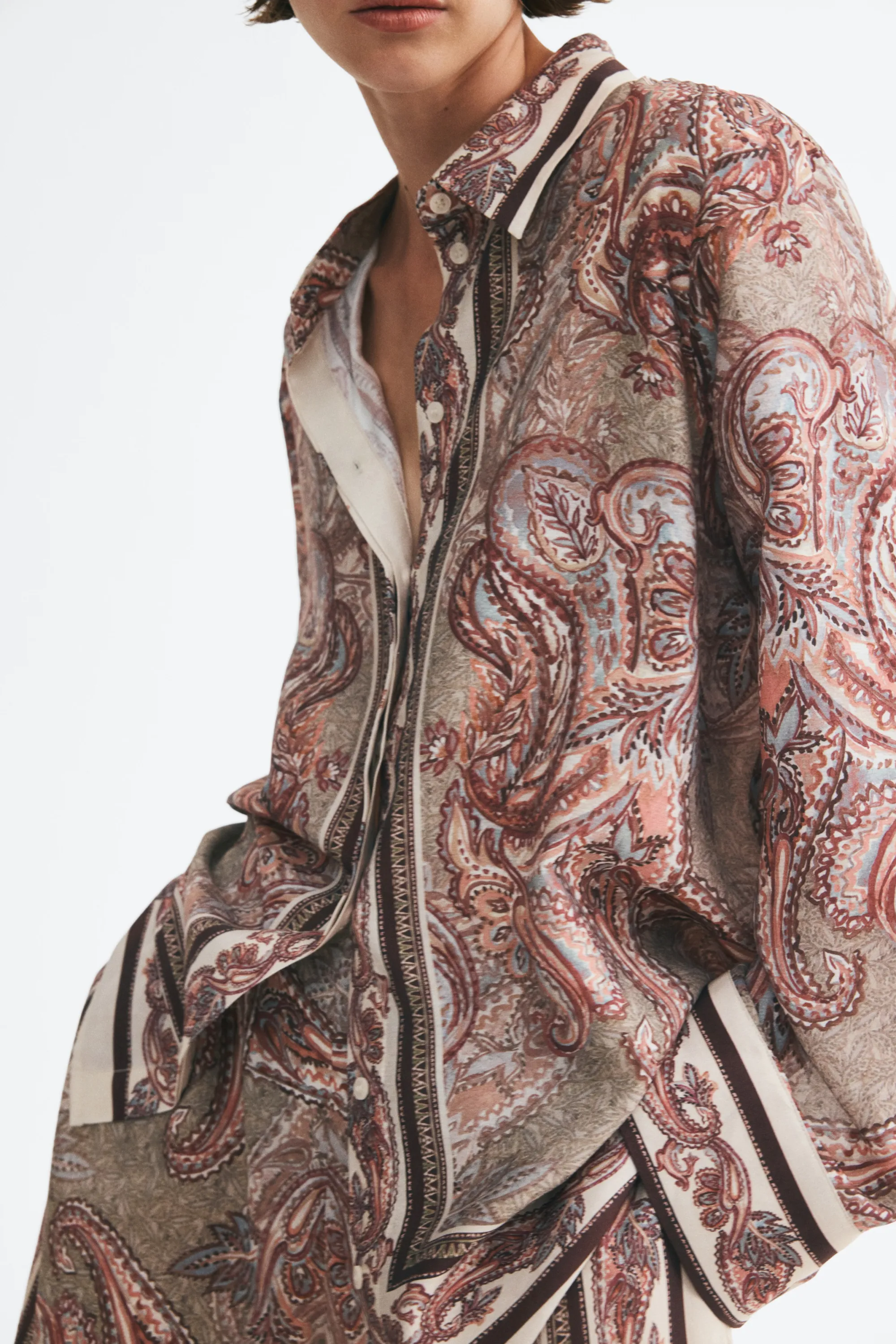 Chemise oversize en viscose mélangée - Rose pêche/motif cachemire