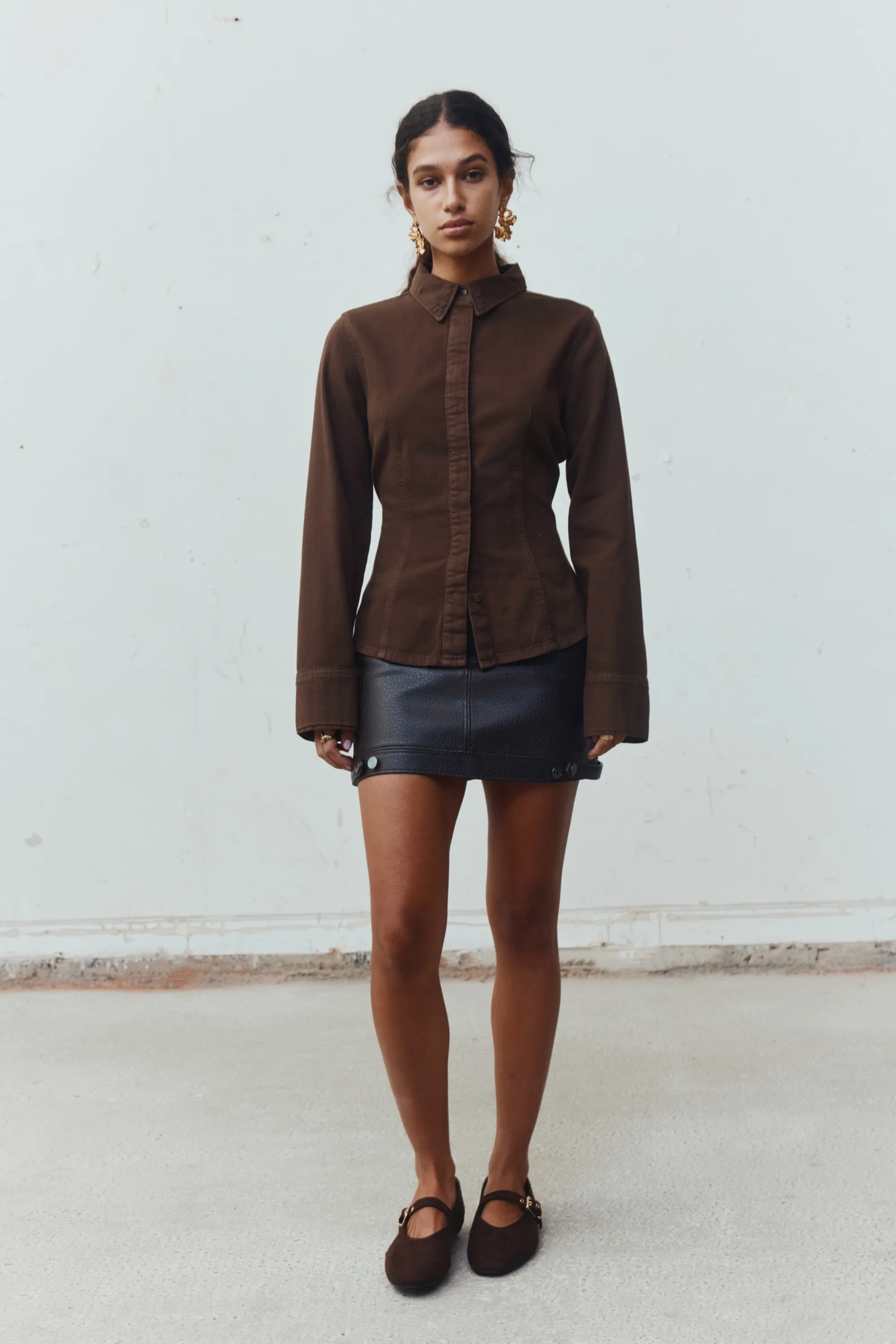 Chemise ajustée en denim - Marron