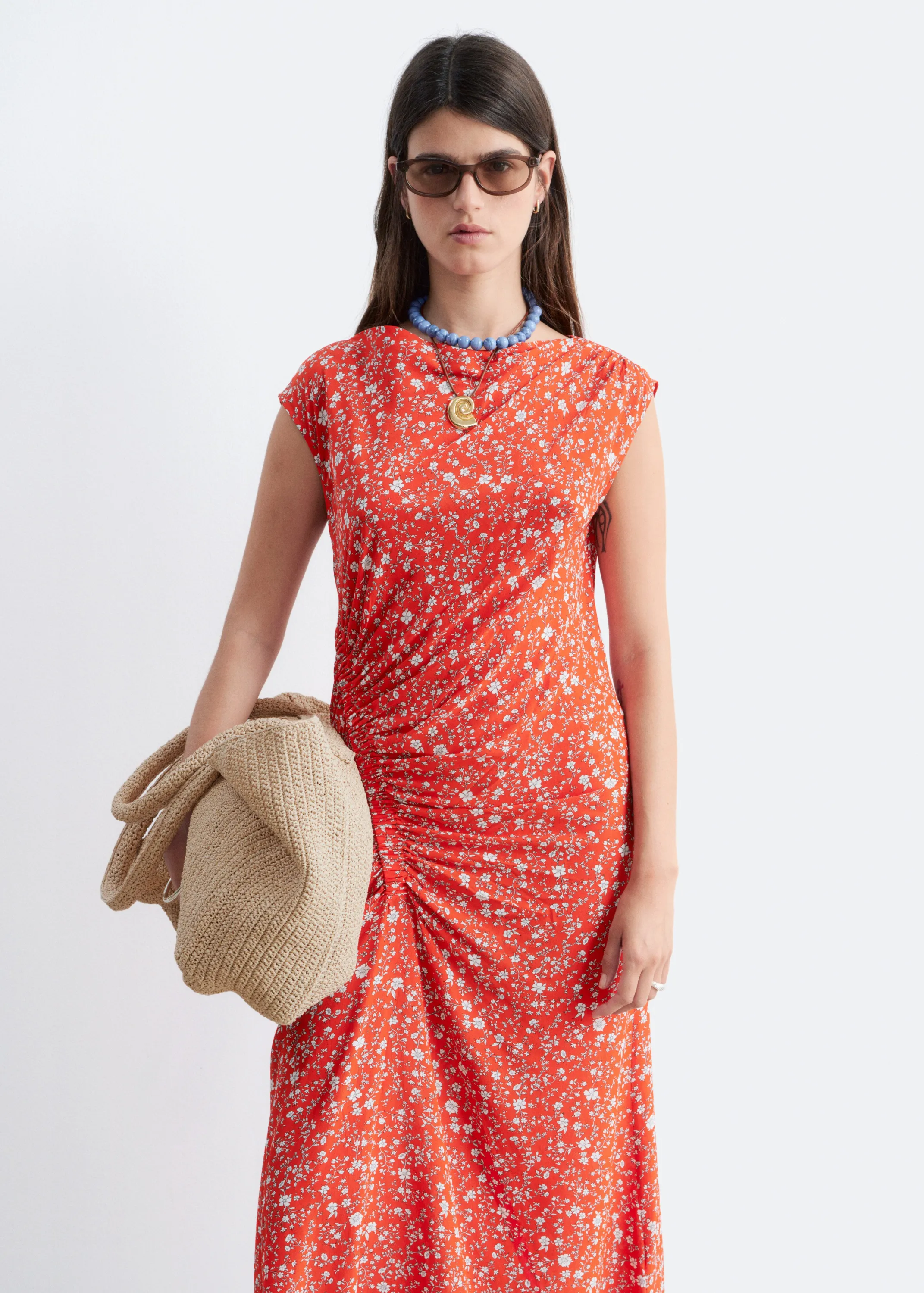 Robe midi à encolure bateau - Rouge/Motifs fleuris
