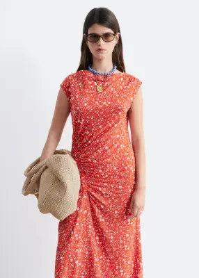 Robe midi à encolure bateau - Rouge/Motifs fleuris — photo 1