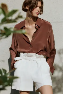Short en viscose mélangée avec ceinture - Crème — photo 1