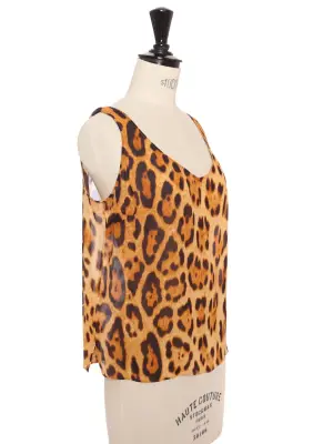 Débardeur en soie imprimé léopard marron, noir et beige Prix boutique 250 € Taille M — photo 3