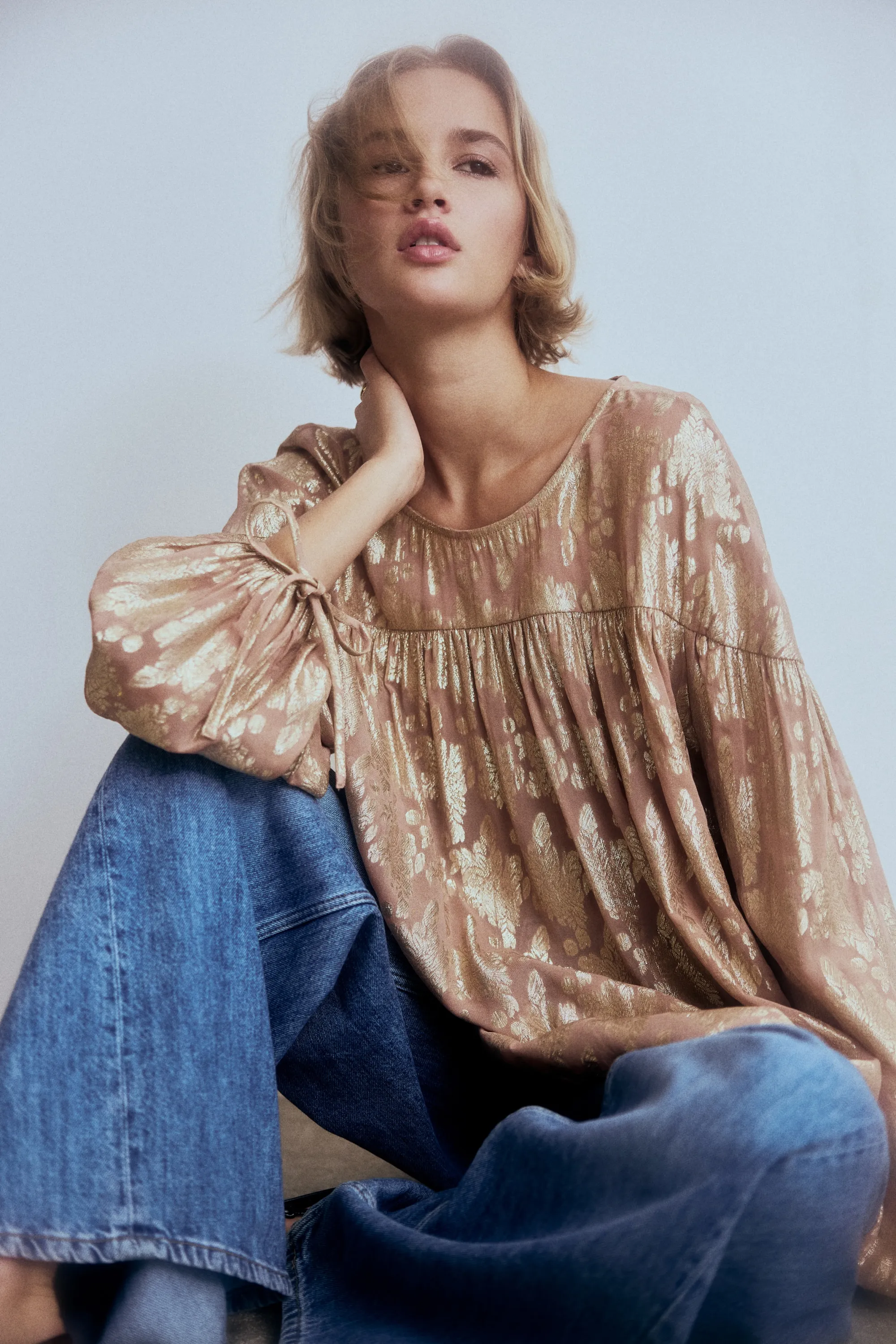 Blouse oversize en tissu jacquard - Beige/motif