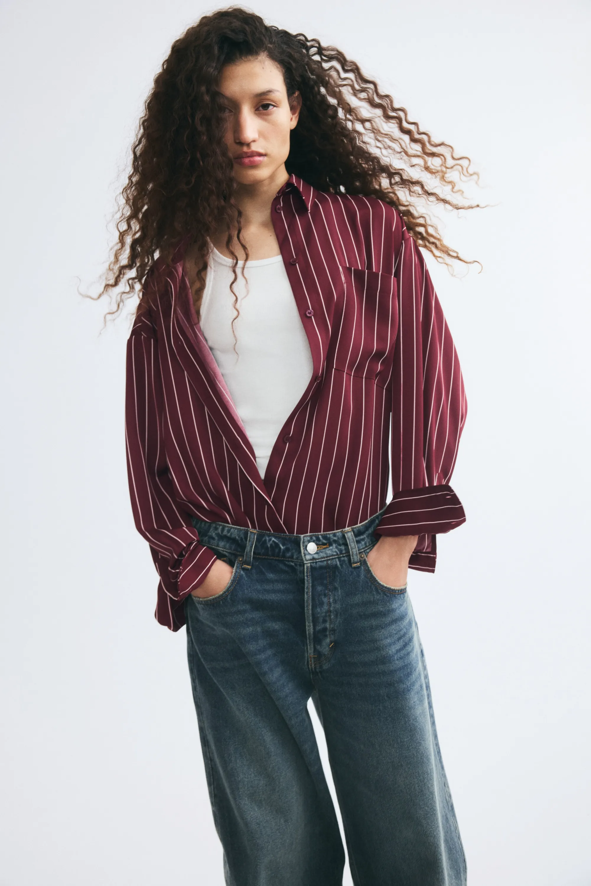 Chemise loose en twill - Bordeaux/rayé