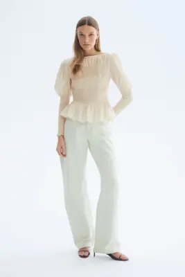 Blouse smockée en viscose mélangée - Beige clair — photo 1