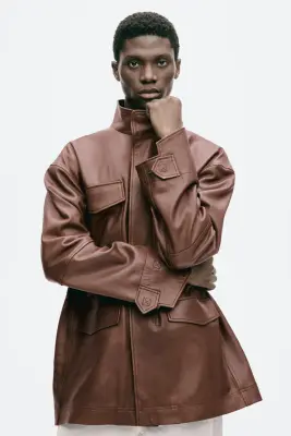 Veste cargo en cuir - Marron — photo 2
