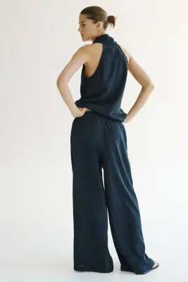 Pantalon froissé avec cordon de serrage - Bleu marine — photo 2