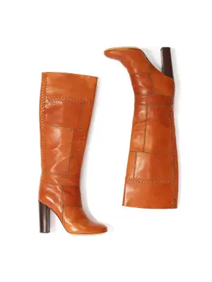 Bottes hautes à talon bois en patchwork de cuir camel tressé Prix boutique 1000€ Taille 36,5 — photo 2