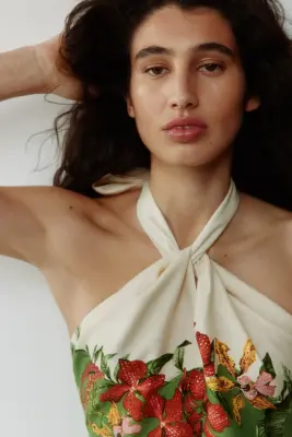 Robe dos nu en lin mélangé - Vert/fleurs — photo 1