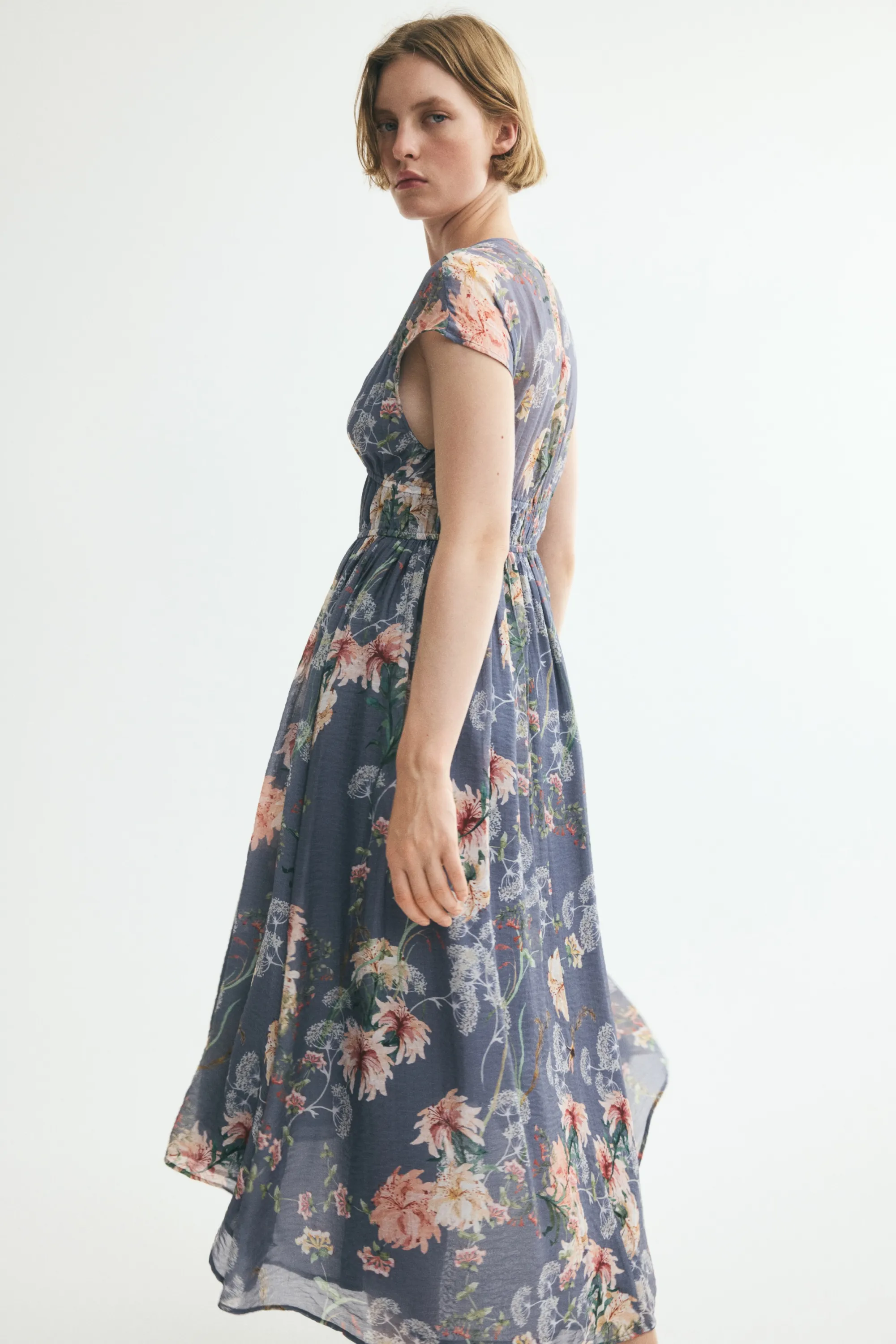 Robe froncée à mancherons - Bleu ancien foncé/fleuri