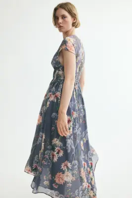 Robe froncée à mancherons - Bleu ancien foncé/fleuri — photo 1