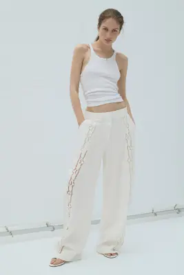 Pantalon barrel en lin mélangé - Ivoire — photo 1