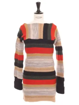 Robe courte manches longues en maille de laine à rayures rouge vert camel Prix boutique 1200€ Taille XXS — photo 1