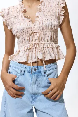 Blouse sans manches smockée - Beige clair/fleuri — photo 2