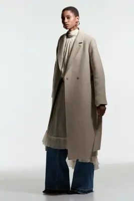 Manteau en laine mélangée avec ceinture à nouer - Beige clair chiné — photo 5