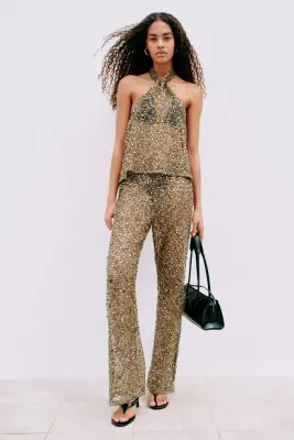 Pantalon filet à sequins - Vert kaki foncé — photo 2