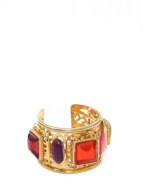 Bracelet manchette en laiton doré pavé de pierres rouge rose bordeaux Prix boutique 500€